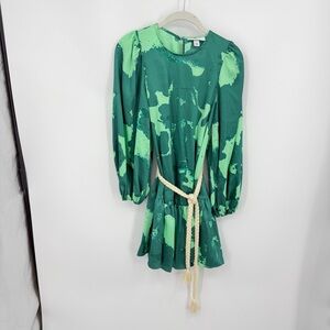 Alexis x Target green abstract print long-sleeve tiered mini dress rope belt XXS